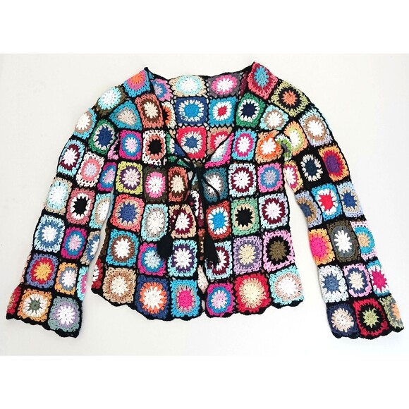 Handmade Sweaters - Crochet Granny Square Handmade Multicolor Cotton Sweater Tie Front Sz S/M